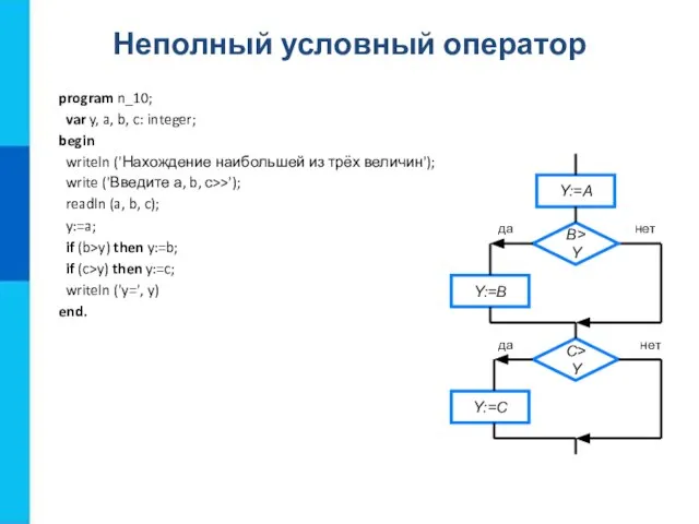 Неполный условный оператор program n_10; var y, a, b, c: integer;