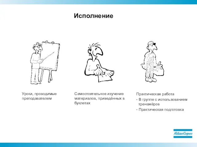 Исполнение Уроки, проводимые преподавателем Самостоятельное изучение материалов, приведённых в буклетах Практическая