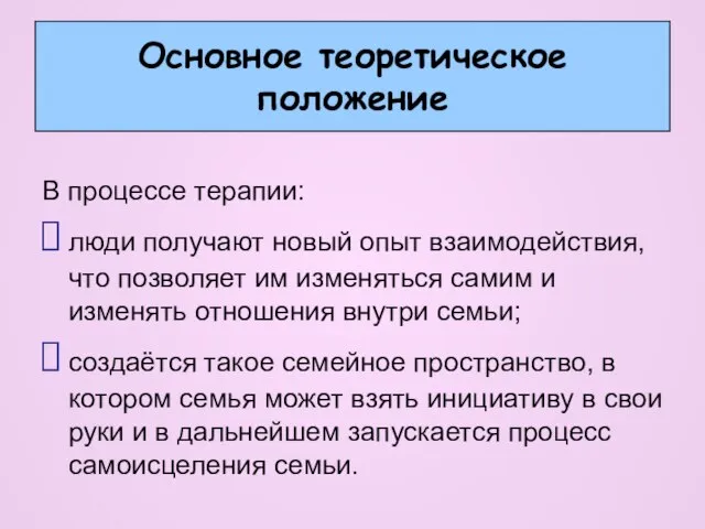 Основное теоретическое положение В процессе терапии: люди получают новый опыт взаимодействия,