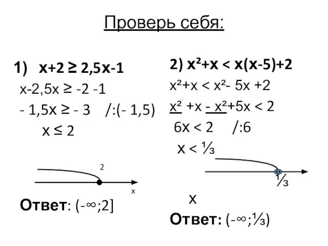 Проверь себя: х+2 ≥ 2,5х-1 х-2,5х ≥ -2 -1 - 1,5х