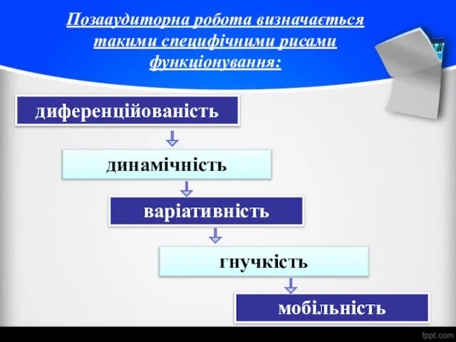 Позааудиторна робота визначається такими специфічними рисами функціонування: диференційованість динамічність варіативність гнучкість мобільність