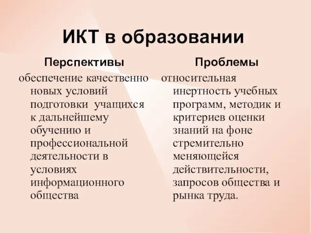 ИКТ в образовании Перспективы обеспечение качественно новых условий подготовки учащихся к