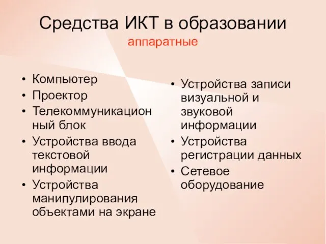 Средства ИКТ в образовании аппаратные Компьютер Проектор Телекоммуникационный блок Устройства ввода