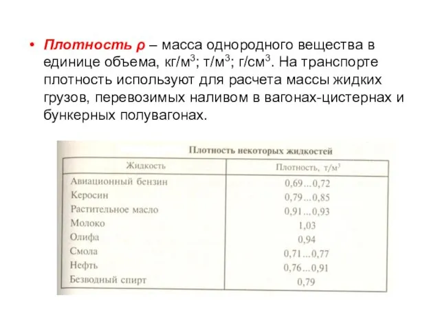 Плотность ρ – масса однородного вещества в единице объема, кг/м3; т/м3;