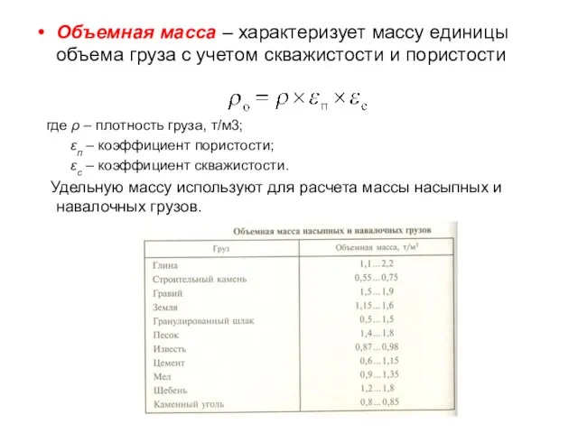 Объемная масса – характеризует массу единицы объема груза с учетом скважистости