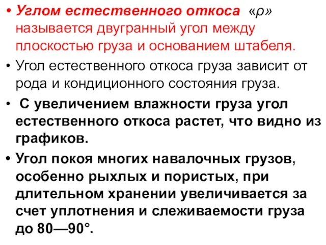 Углом естественного откоса «ρ» называется двугранный угол между плоскостью груза и