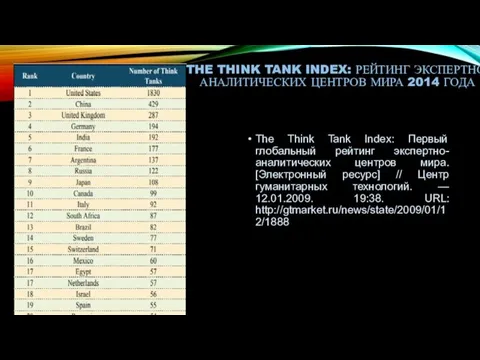 THE THINK TANK INDEX: РЕЙТИНГ ЭКСПЕРТНО-АНАЛИТИЧЕСКИХ ЦЕНТРОВ МИРА 2014 ГОДА The