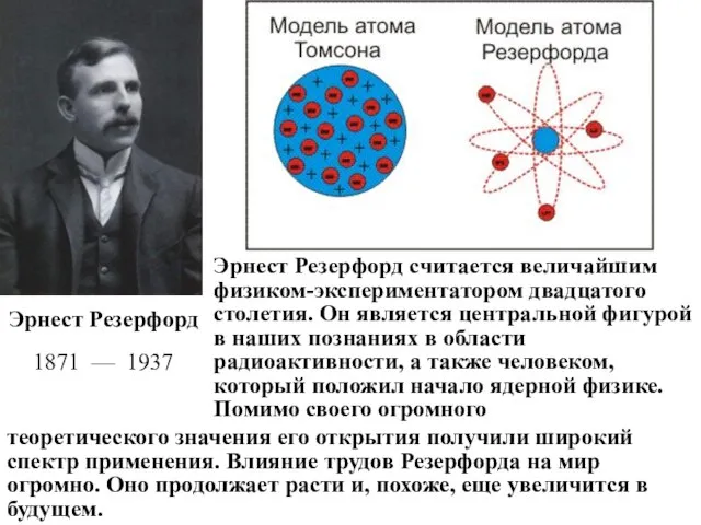 Эрнест Резерфорд 1871 — 1937 Эрнест Резерфорд считается величайшим физиком-экспериментатором двадцатого