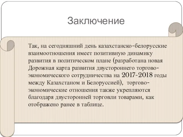 Заключение Так, на сегодняшний день казахстанско-белорусские взаимоотношения имеет позитивную динамику развития