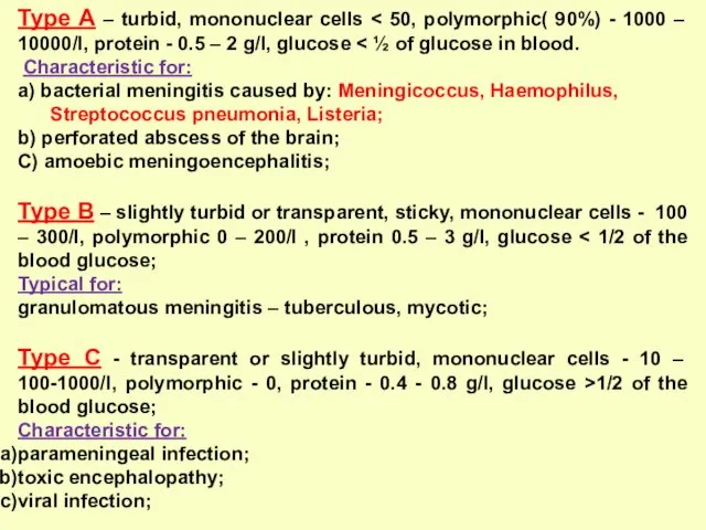 Type A – turbid, mononuclear cells Characteristic for: a) bacterial meningitis