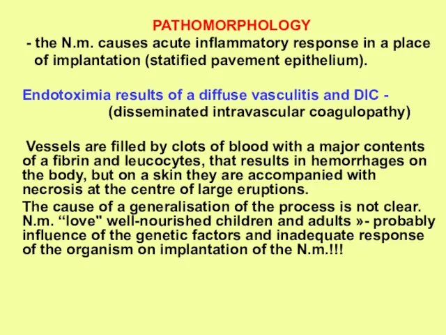 PATHOMORPHOLOGY - the N.m. causes acute inflammatory response in a place