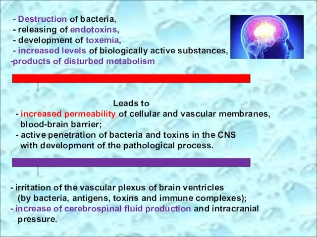 - Destruction of bacteria, - releasing of endotoxins, - development of