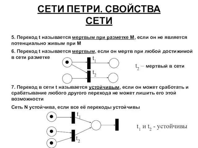 СЕТИ ПЕТРИ. СВОЙСТВА СЕТИ 5. Переход t называется мертвым при разметке