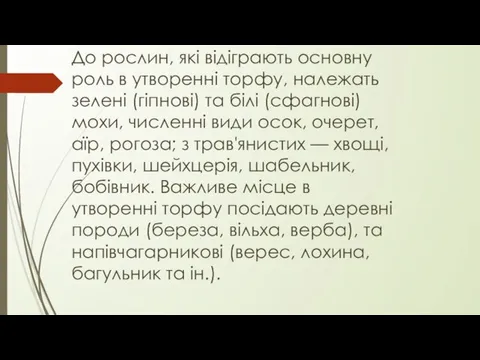 До рослин, які відіграють основну роль в утворенні торфу, належать зелені