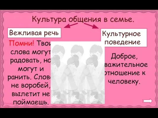 Культура общения в семье. Помни! Твои слова могут радовать, но могут