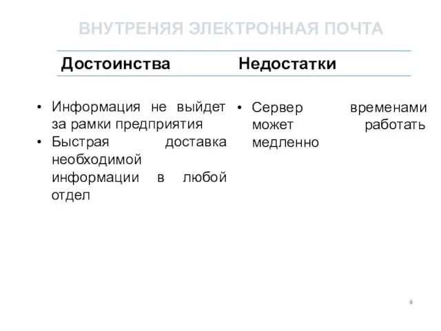 ВНУТРЕНЯЯ ЭЛЕКТРОННАЯ ПОЧТА Информация не выйдет за рамки предприятия Быстрая доставка