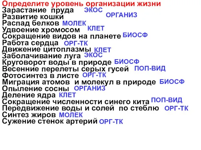 Определите уровень организации жизни Зарастание пруда Развитие кошки Распад белков Удвоение