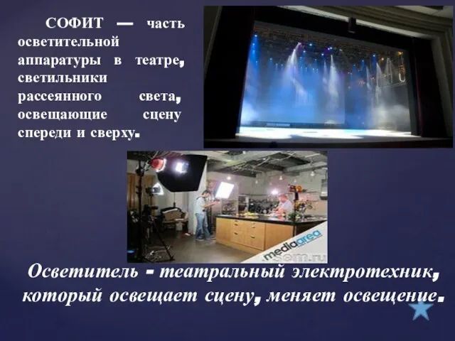 СОФИТ — часть осветительной аппаратуры в театре, светильники рассеянного света, освещающие