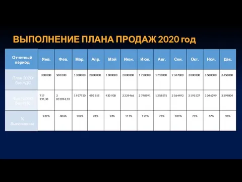 ВЫПОЛНЕНИЕ ПЛАНА ПРОДАЖ 2020 год