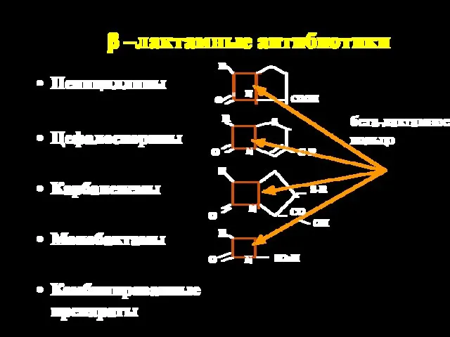 Пенициллины Цефалоспорины Карбапенемы Монобактамы Комбинированные препараты β –лактамные антибиотики R O