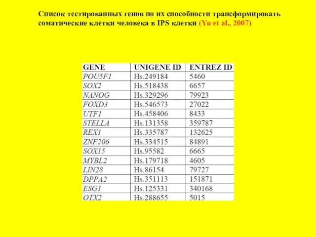 Список тестированных генов по их способности трансформировать соматические клетки человека в