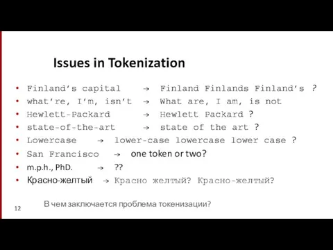 Issues in Tokenization Finland’s capital → Finland Finlands Finland’s ? what’re,