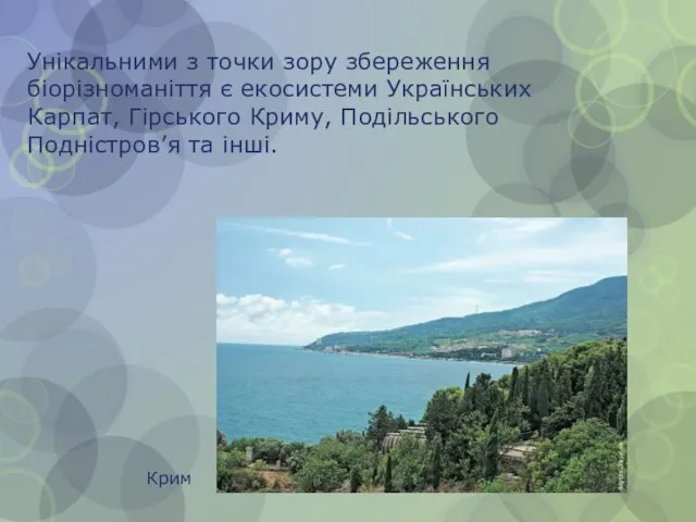 Унікальними з точки зору збереження біорізноманіття є екосистеми Українських Карпат, Гірського
