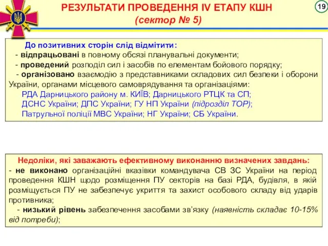 РЕЗУЛЬТАТИ ПРОВЕДЕННЯ ІV ЕТАПУ КШН (сектор № 5) До позитивних сторін