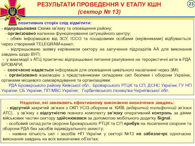 РЕЗУЛЬТАТИ ПРОВЕДЕННЯ V ЕТАПУ КШН (сектор № 13) До позитивних сторін