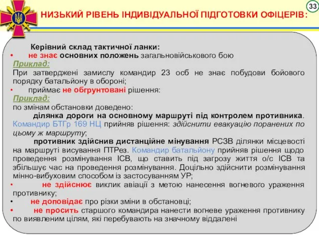 НИЗЬКИЙ РІВЕНЬ ІНДИВІДУАЛЬНОЇ ПІДГОТОВКИ ОФІЦЕРІВ: Керівний склад тактичної ланки: не знає