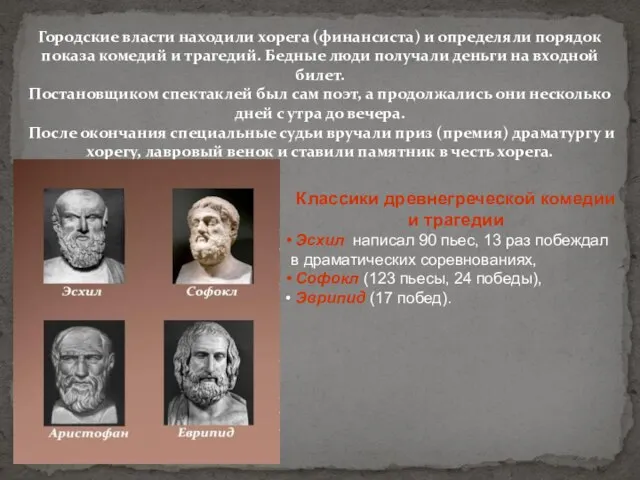 Городские власти находили хорега (финансиста) и определяли порядок показа комедий и