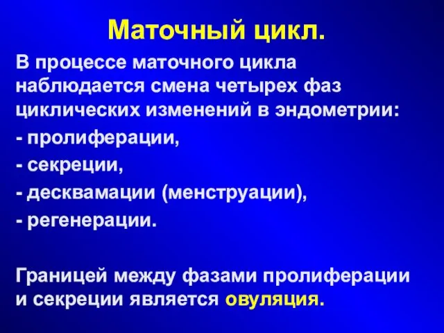 Маточный цикл. В процессе маточного цикла наблюдается смена четырех фаз циклических