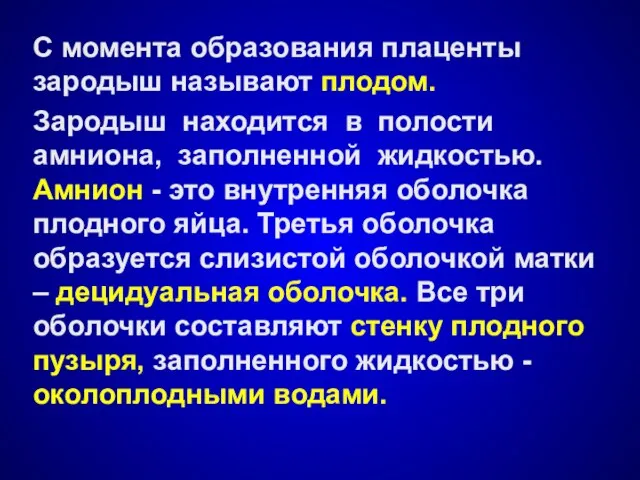 С момента образования плаценты зародыш называют плодом. Зародыш находится в полости