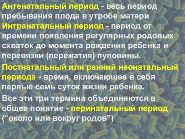 Антенатальный период - весь период пребывания плода в утробе матери Интранатальный