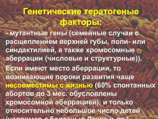 Генетические тератогеные факторы: - мутантные гены (семейные случаи с расщеплением верхней