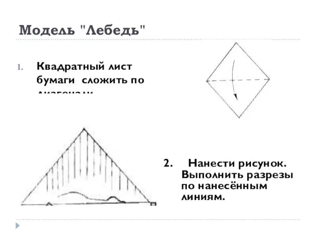 Модель "Лебедь" Квадратный лист бумаги сложить по диагонали. 2. Нанести рисунок. Выполнить разрезы по нанесённым линиям.