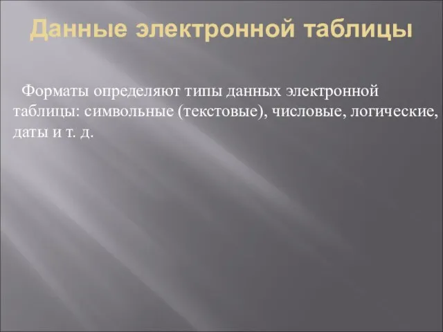 Данные электронной таблицы Форматы определяют типы данных электронной таблицы: символьные (текстовые),