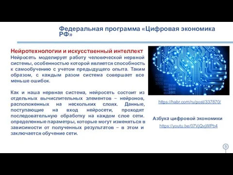 Федеральная программа «Цифровая экономика РФ» Нейротехнологии и искусственный интеллект Нейросеть моделирует
