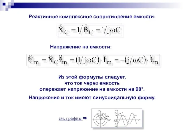 Реактивное комплексное сопротивление емкости: Напряжение на емкости: Из этой формулы следует,