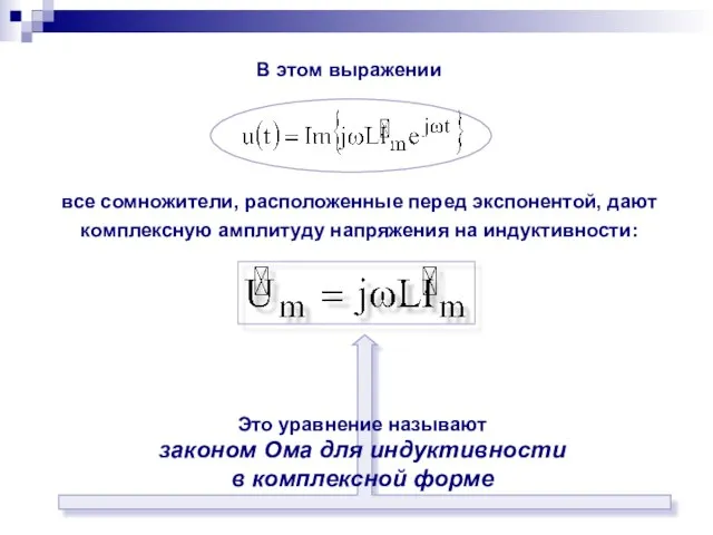 В этом выражении все сомножители, расположенные перед экспонентой, дают комплексную амплитуду напряжения на индуктивности: