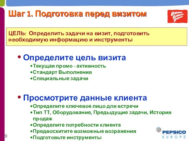 Определите цель визита Текущая промо - активность Стандарт Выполнения Специальные задачи