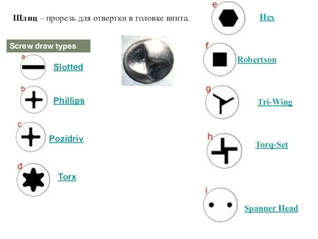 Шлиц – прорезь для отвертки в головке винта. Hex Robertson Tri-Wing Torq-Set Spanner Head