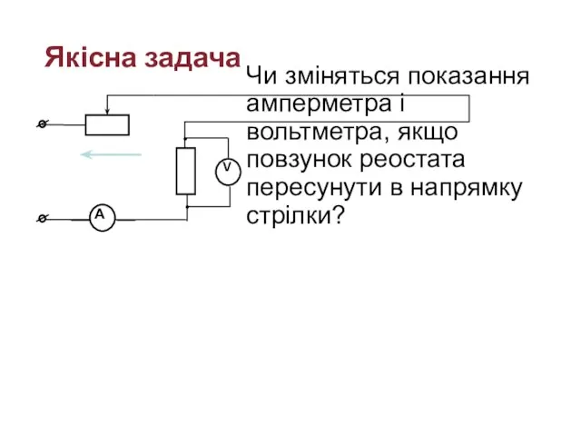 Якісна задача Чи зміняться показання амперметра і вольтметра, якщо повзунок реостата пересунути в напрямку стрілки?