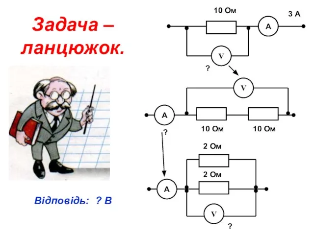 Задача – ланцюжок. А 10 Ом 3 А А V А