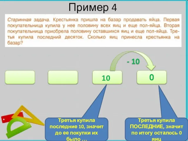 Пример 4 0 - 10 10 Третья купила ПОСЛЕДНИЕ, значит по