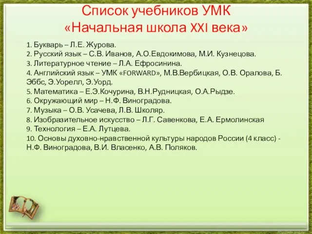 Список учебников УМК «Начальная школа XXI века» 1. Букварь – Л.Е.