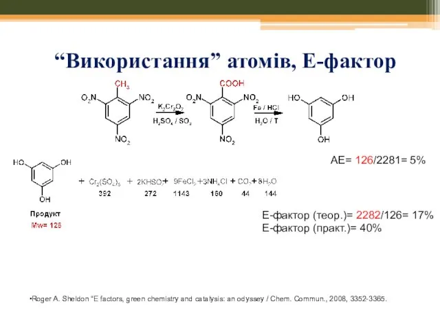 “Використання” атомів, Е-фактор Roger A. Sheldon “E factors, green chemistry and