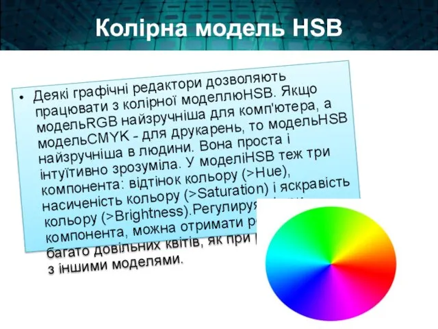 Колірна модель НSB Деякі графічні редактори дозволяють працювати з колірної моделлюHSB.