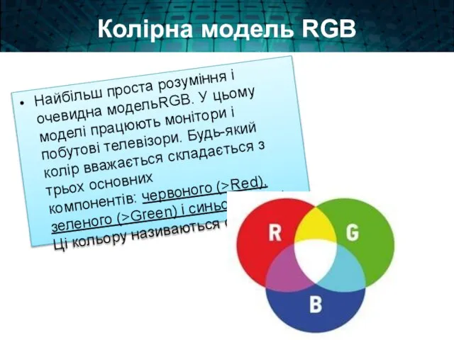 Колірна модель RGB Найбільш проста розуміння і очевидна модельRGB. У цьому