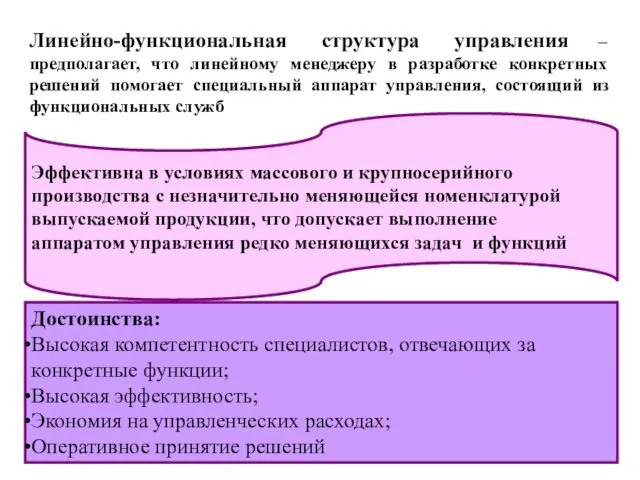 Линейно-функциональная структура управления – предполагает, что линейному менеджеру в разработке конкретных